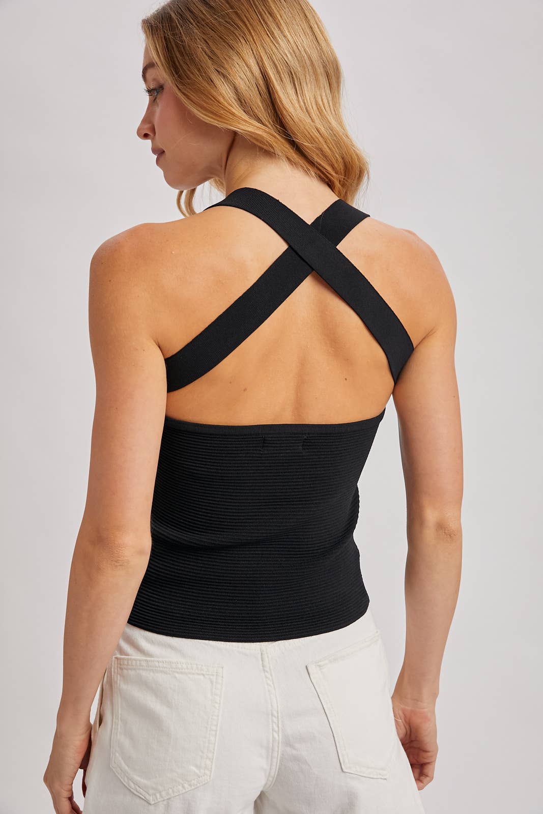 CROSS BACK WIDE STRAPS RIBBED KNIT TANK TOP