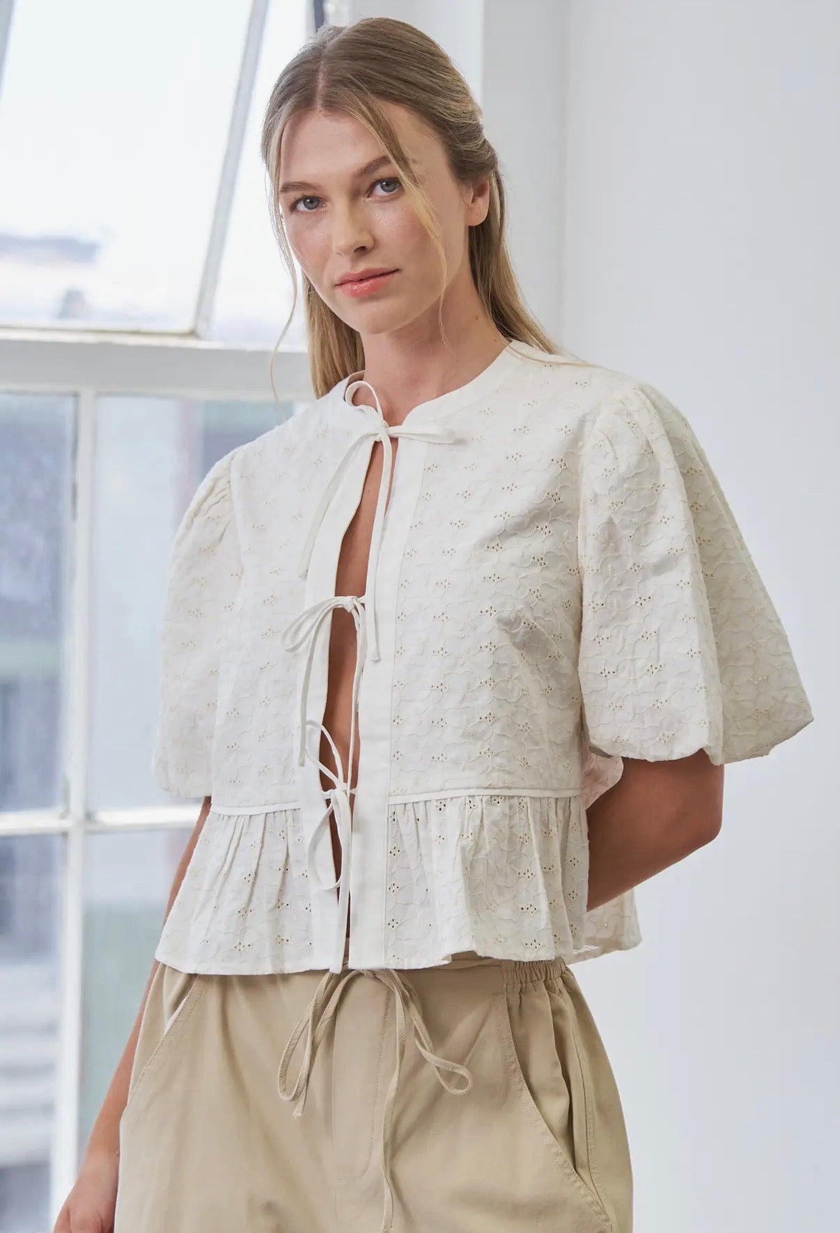 Eyelet Tie Front Peplum Top