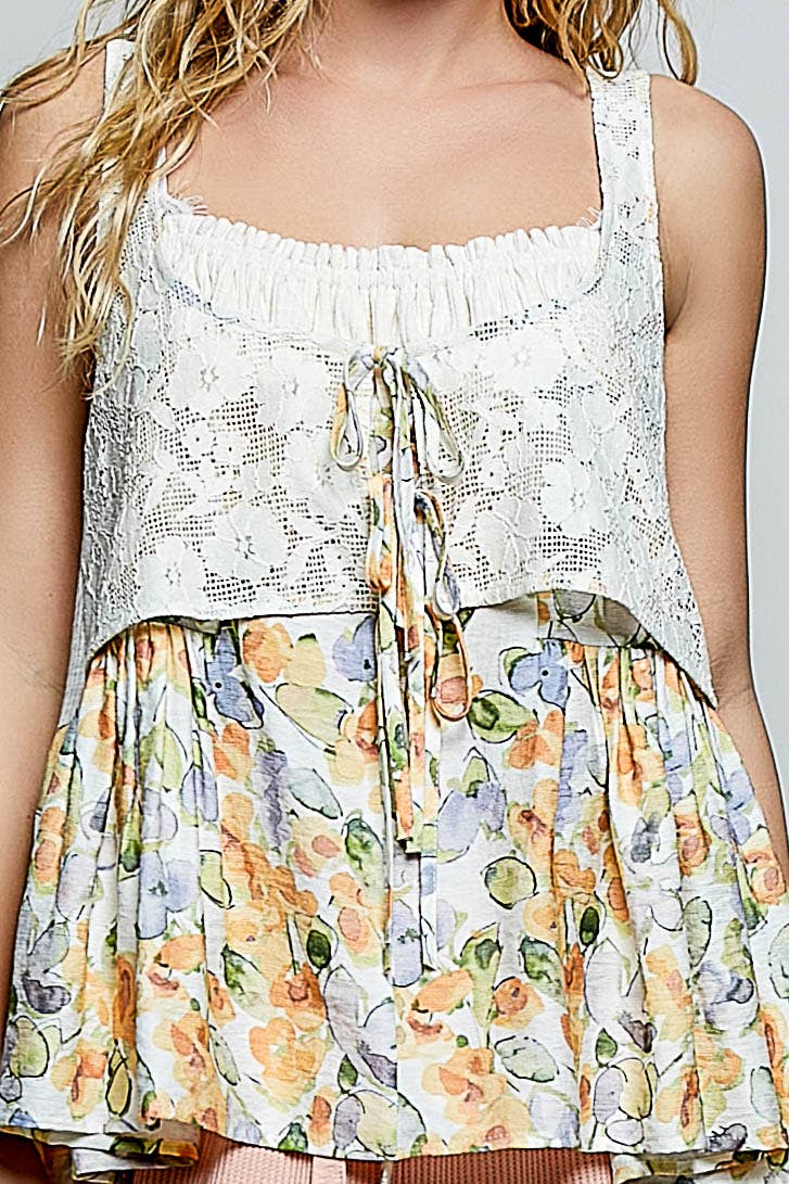 Round Neck Floral Printed Lace Shirring Knit Top