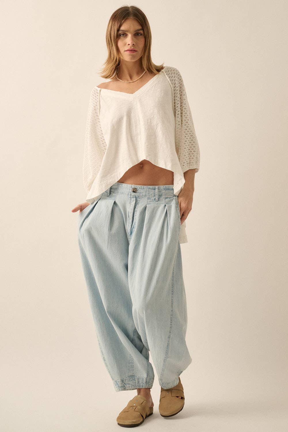 Oversized Crochet Raglan-Sleeve Cotton Knit Top