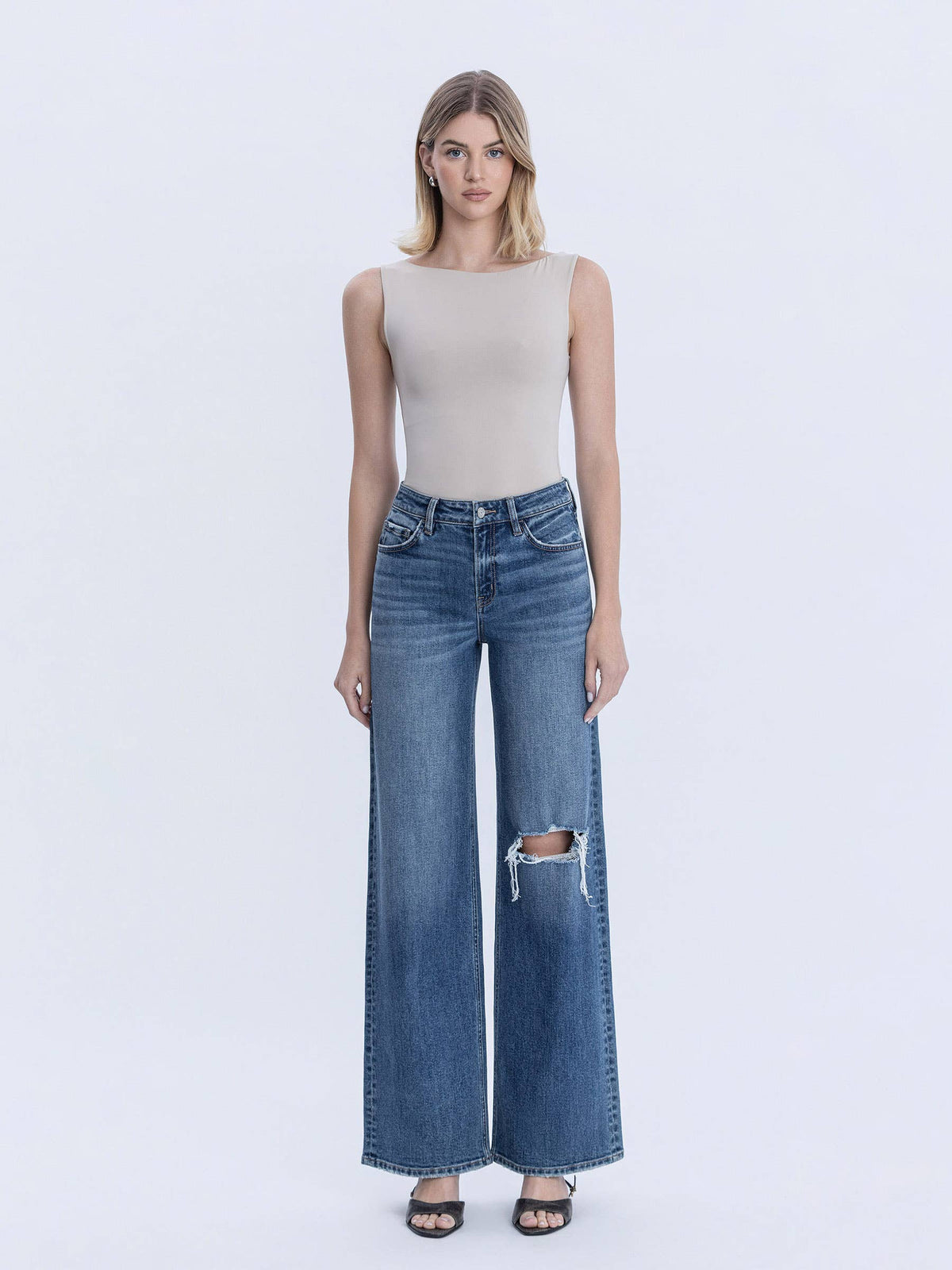 BROOKS HIGH RISE DISTRESSED KNEE WIDE LEG JEAN
