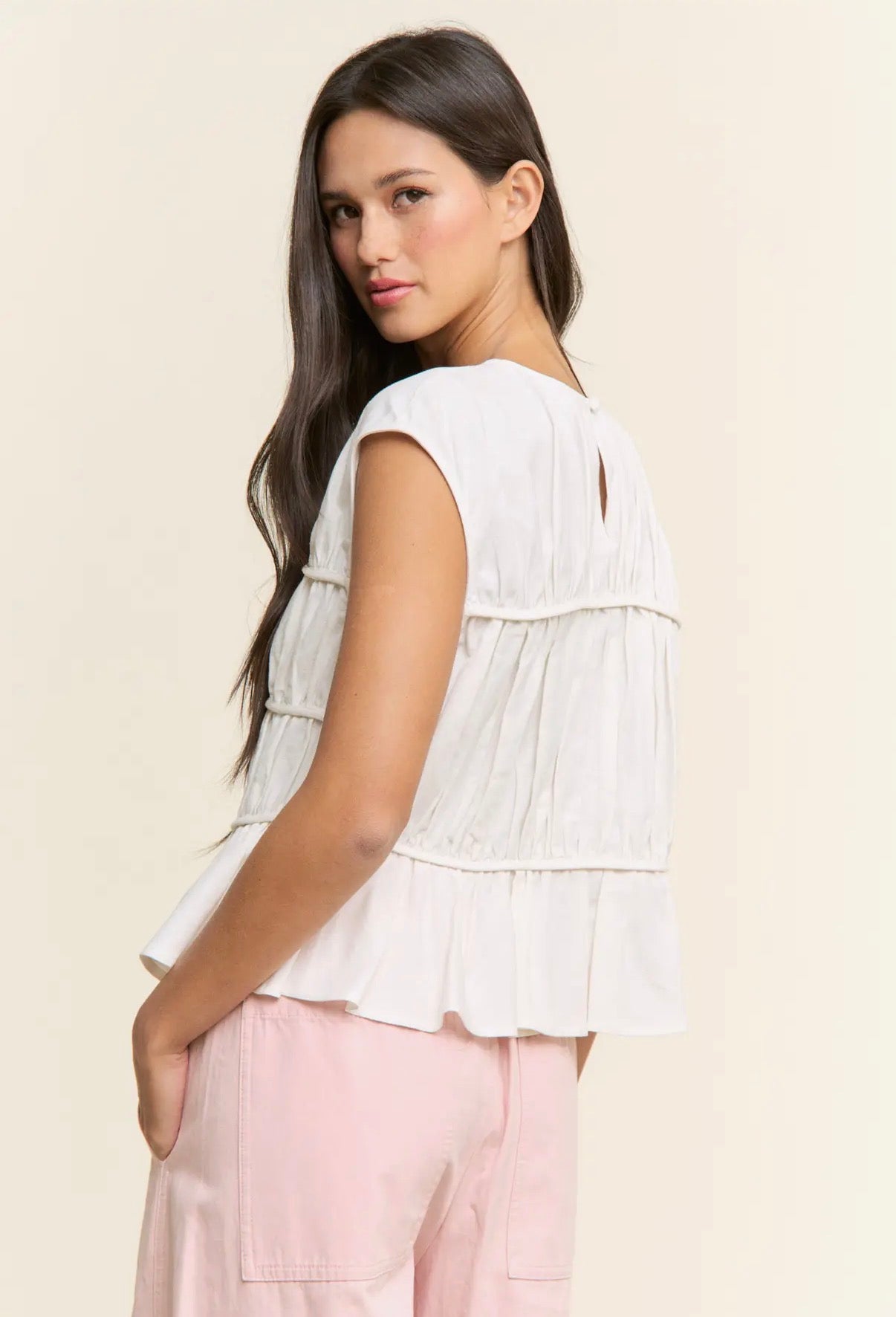 Ruched Cap Sleeve Peplum Top
