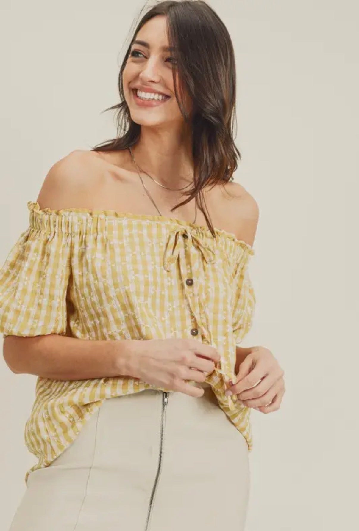 Gingham Off The Shoulder Top