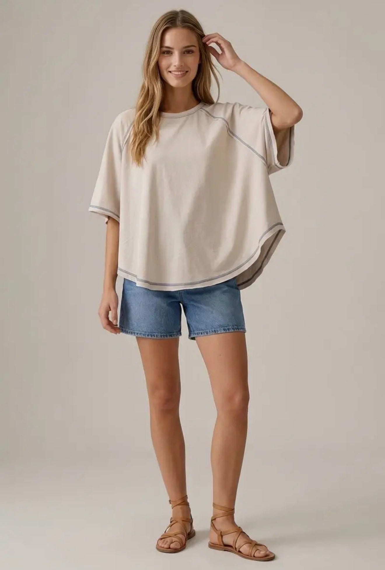 Batwing Sleeve Rounded Hem Top