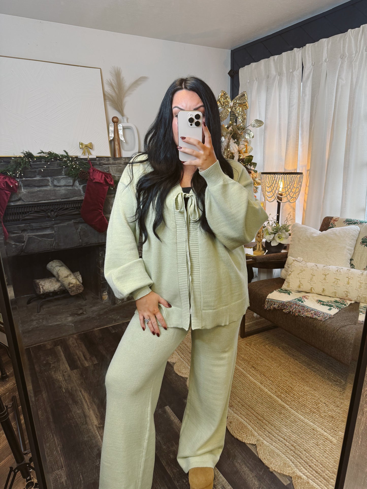 Sage Tie Knit Cardigan and Pants Matching Set