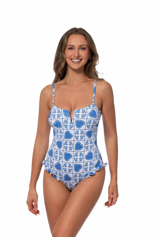 BLUE & WHITE HEART PATCHWORK ONE PIECE