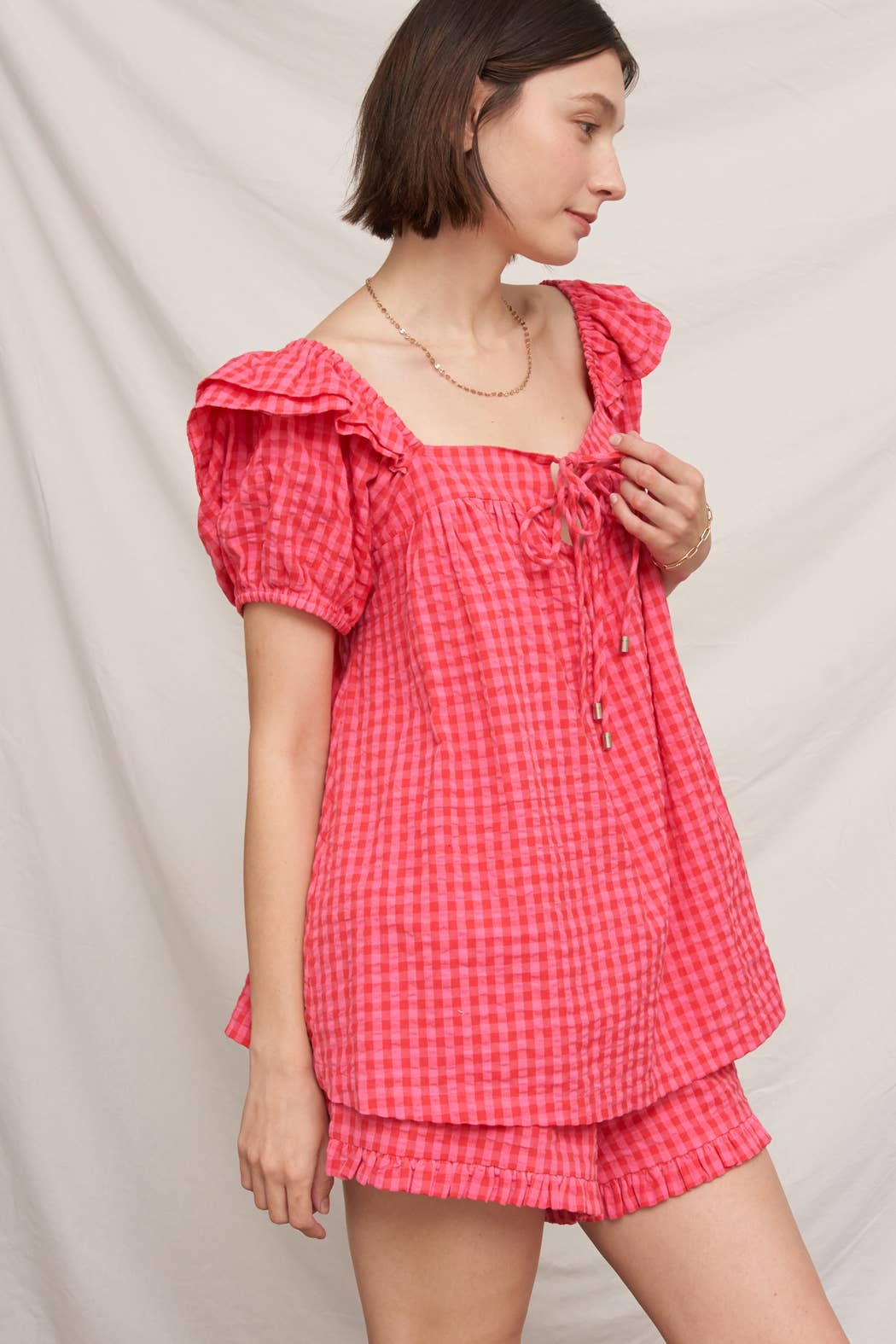 Ruffle Sleeve Square Neck Plaid Top