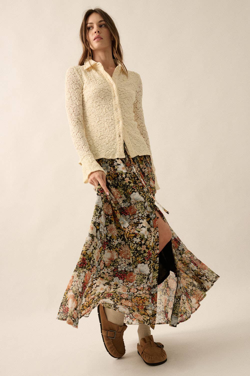 Floral Front Slit Woven Maxi Skirt