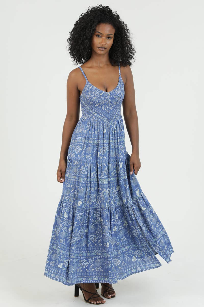 V NECK SMOCKED BODICE MAXI DRESS