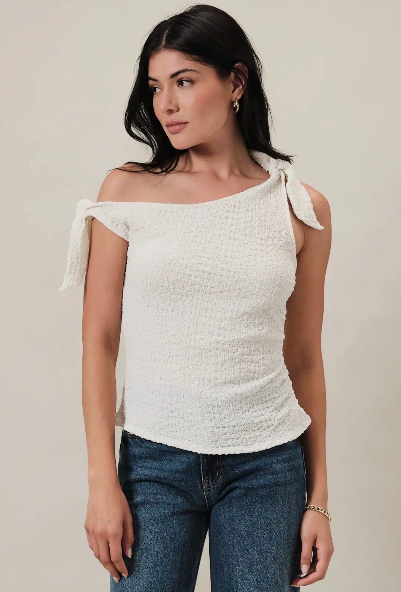 One Shoulder Knot Textured Top