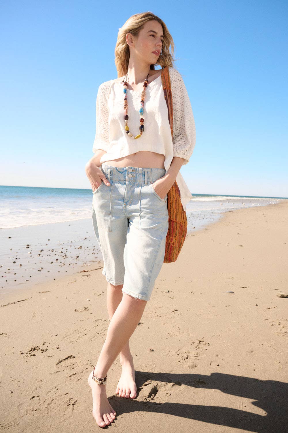 Oversized Crochet Raglan-Sleeve Cotton Knit Top