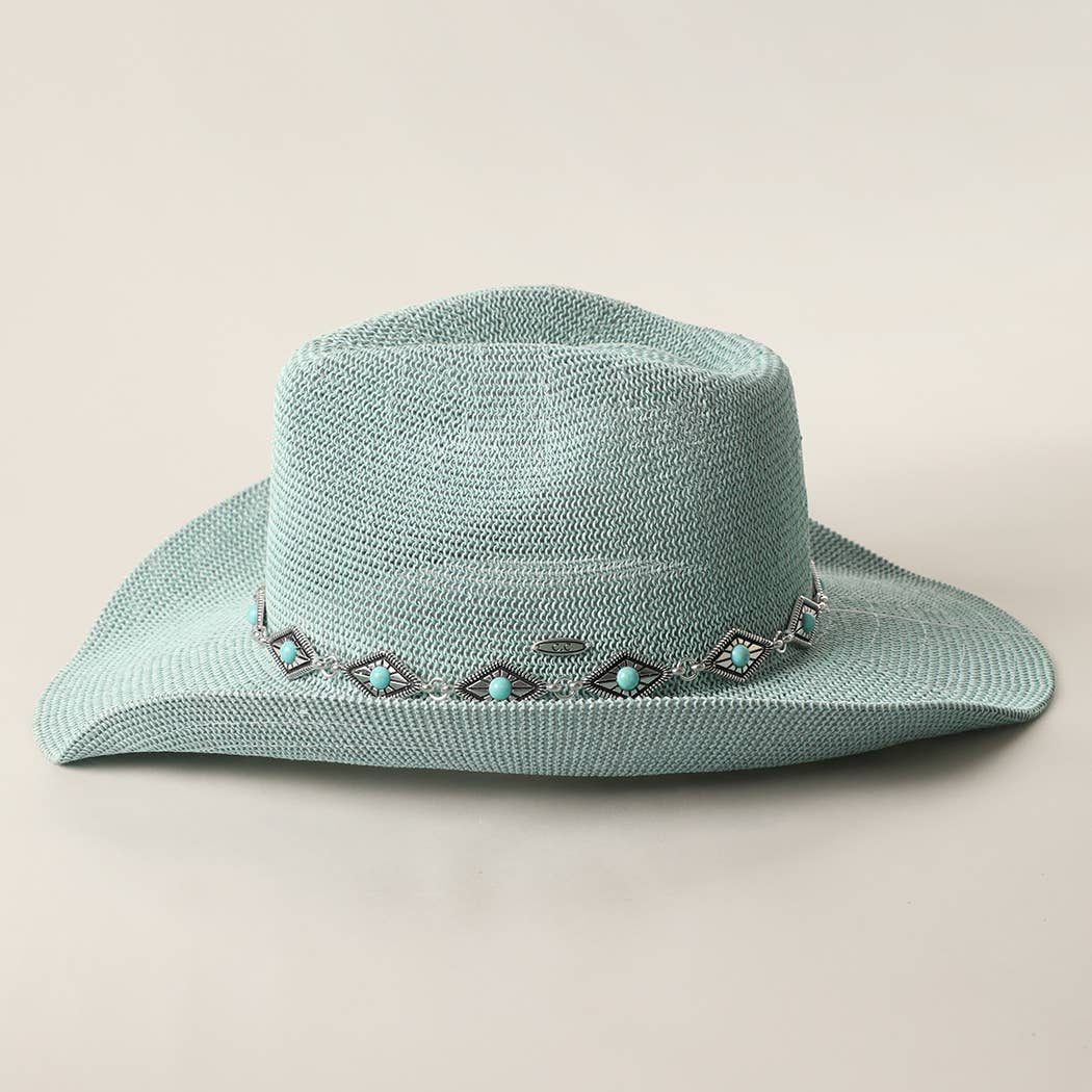 Cowboy Straw Hat With Turquoise Metal Band