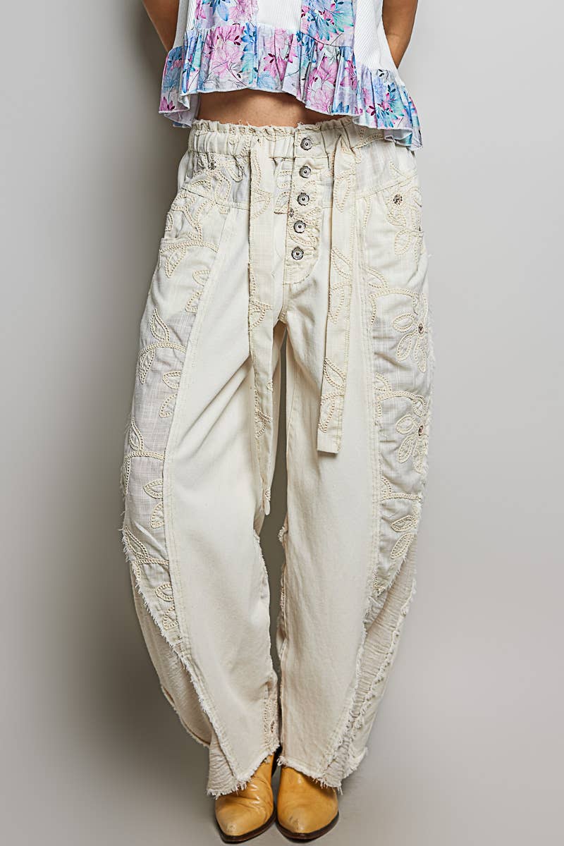 Lace Trim Outseam Detail Solid Wide Leg Twill Pants
