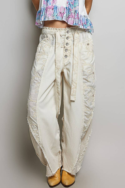 Lace Trim Outseam Detail Solid Wide Leg Twill Pants