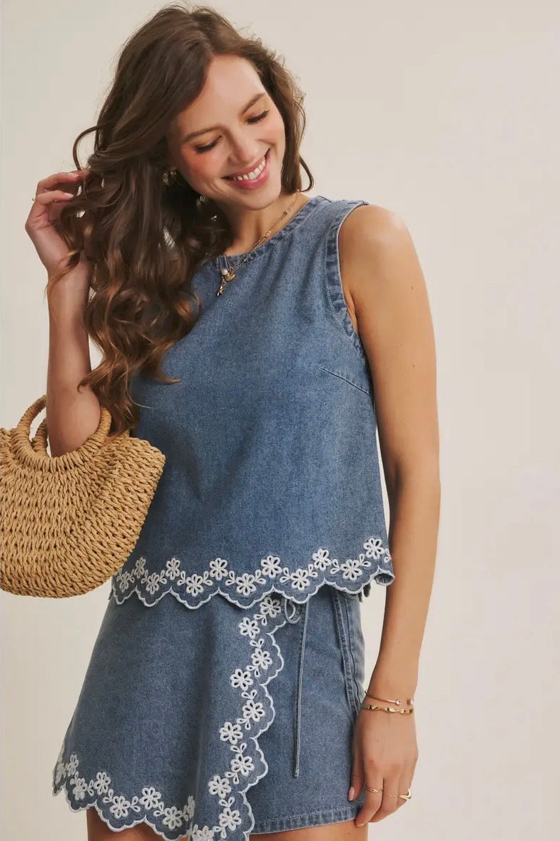 Eyelet Embroidered Denim Top