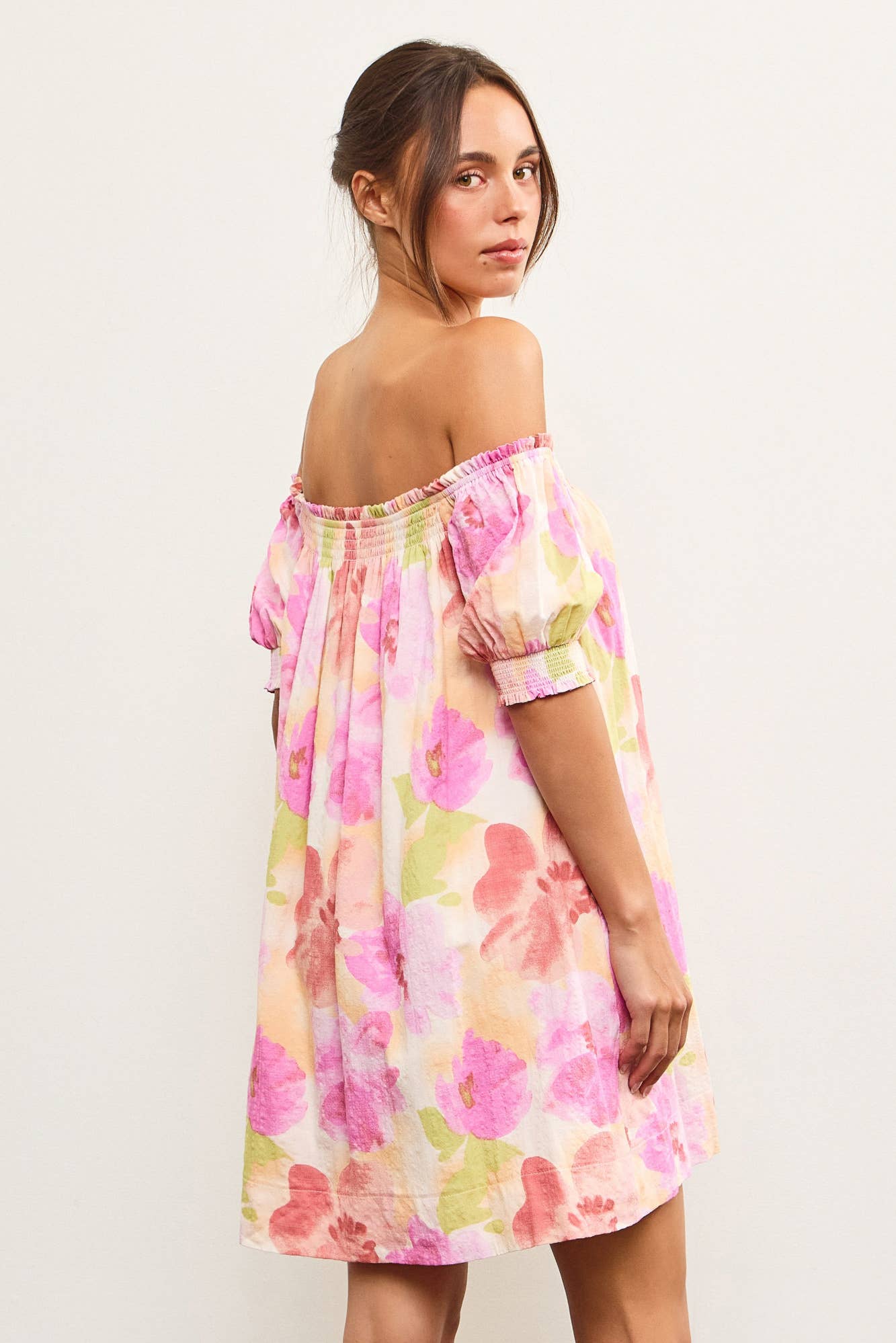Abstract Bloom Off-Shoulder Smocked Floral Dress
