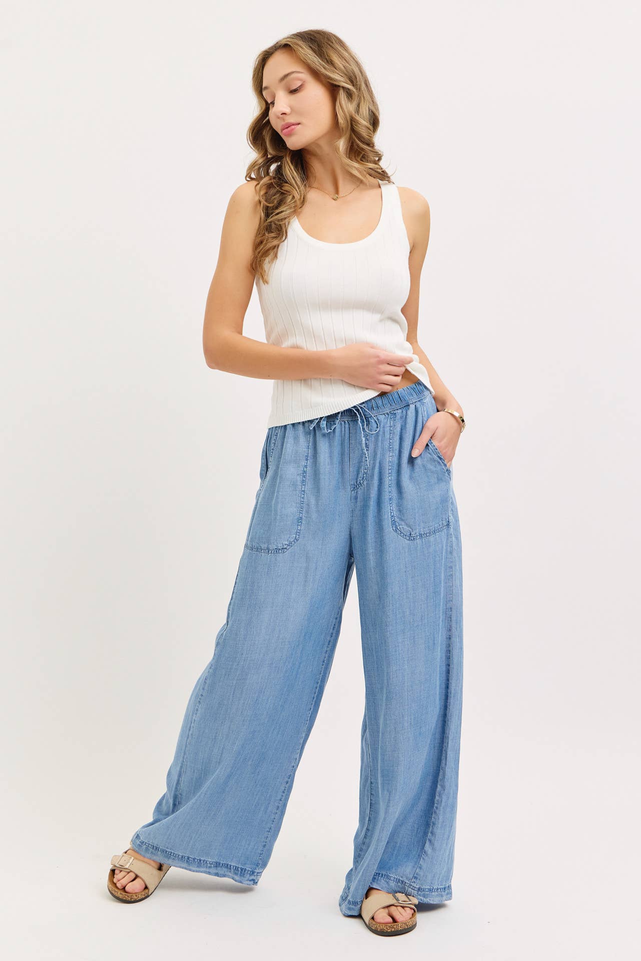 ELASTIC WAIST PULL ON WIDE-LEG  PALAZZO TENCEL CASUAL PANTS