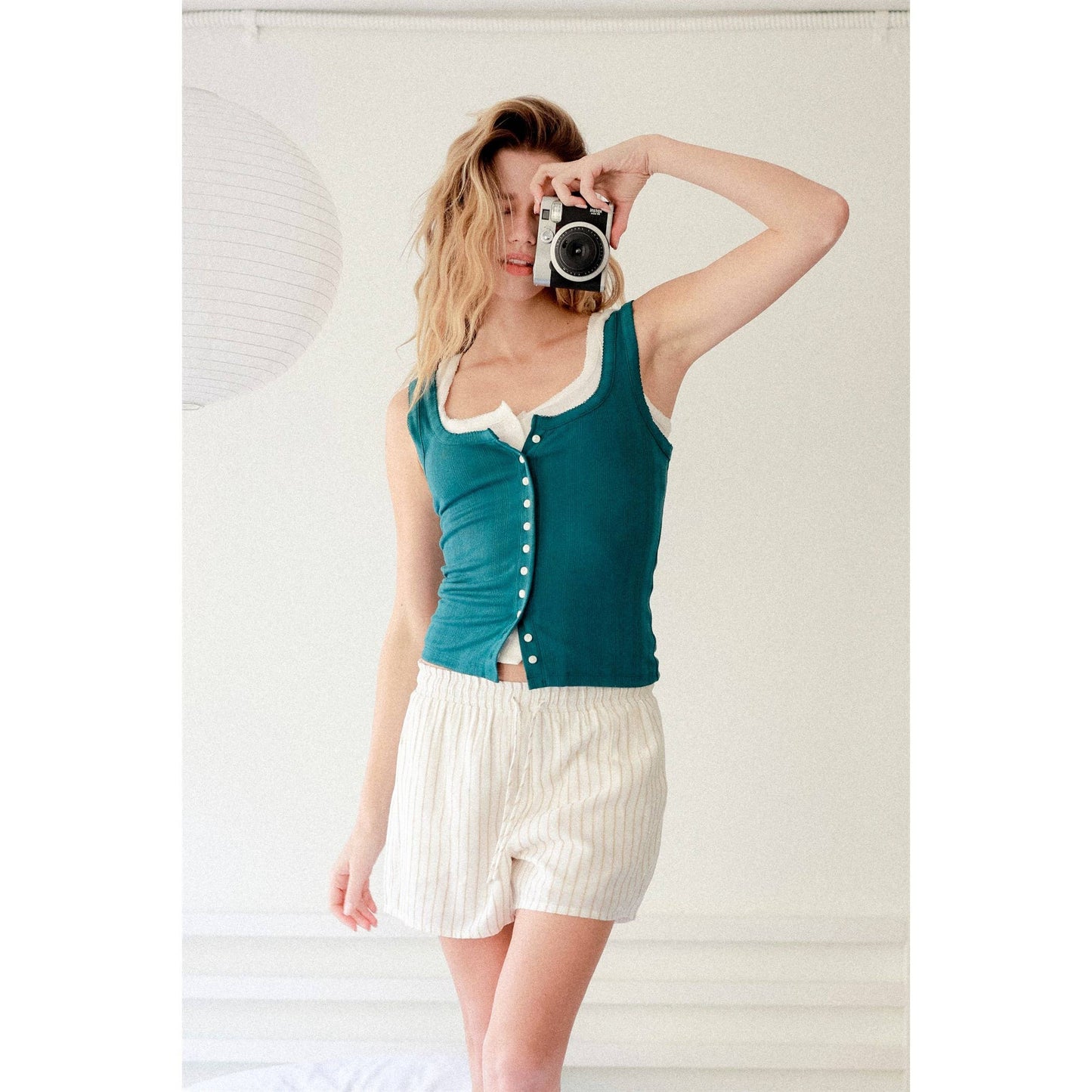 Pointelle Button Front Scoop Neck Tank Top