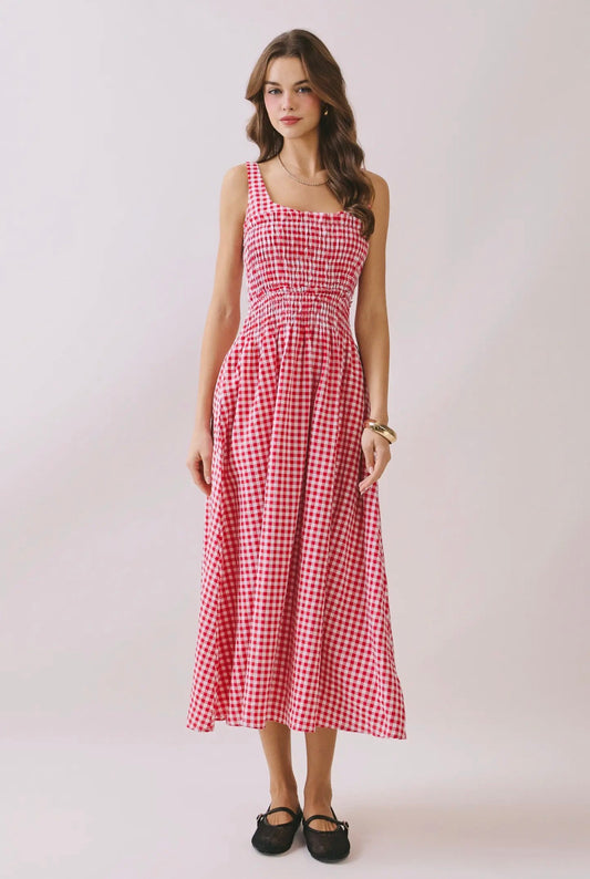 Smocked Red Gingham Midi Dress