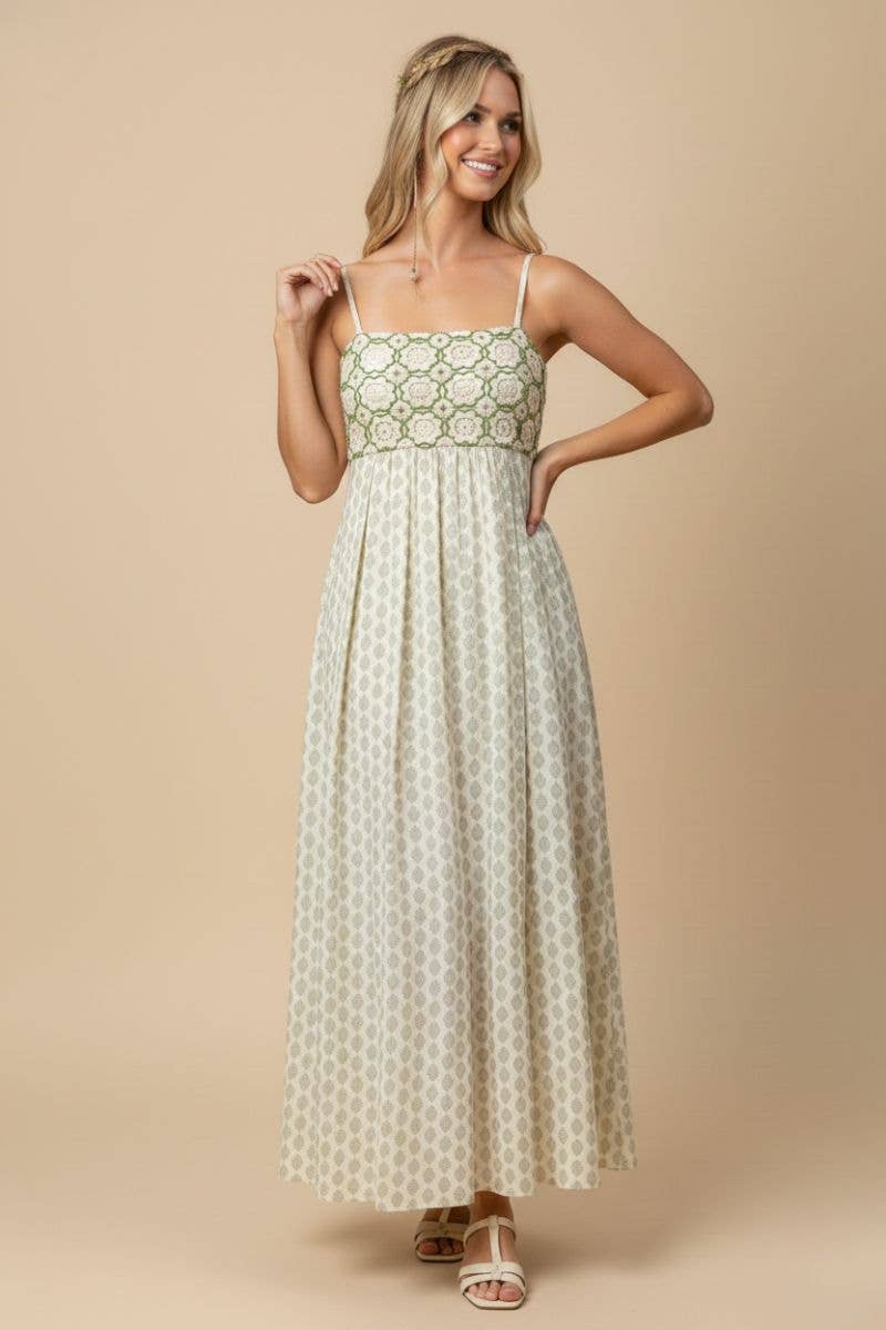 Green Floral Crochet & Block-Print Maxi Dress