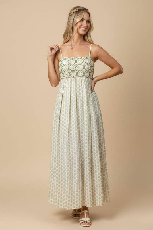 Green Floral Crochet & Block-Print Maxi Dress