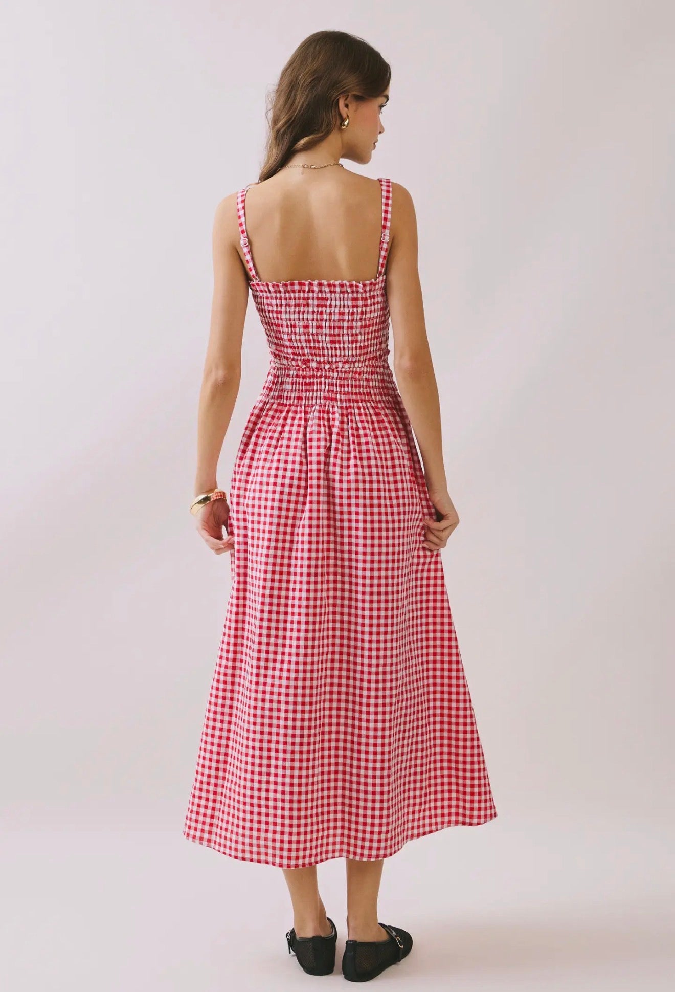 Smocked Red Gingham Midi Dress