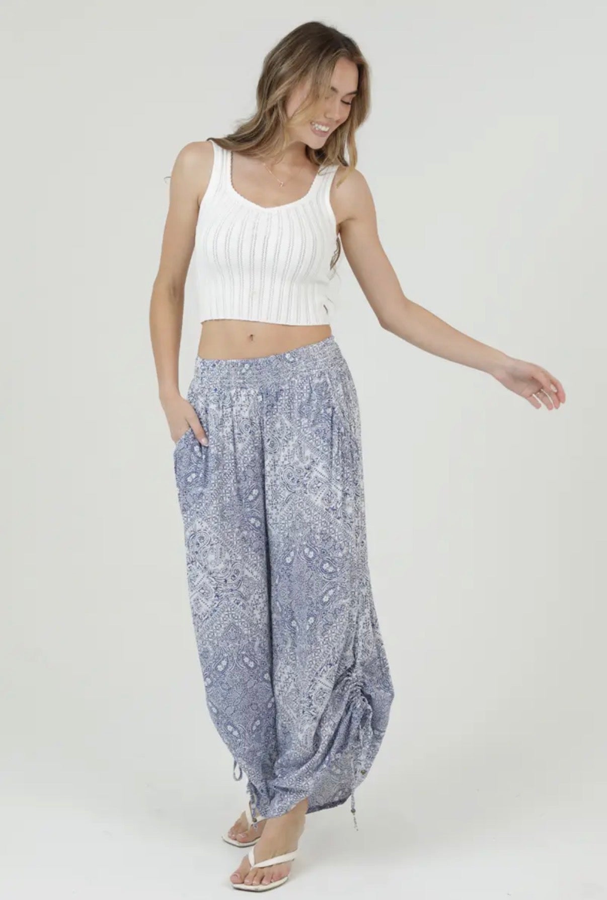 Cinch Side Blue Patterned Pants