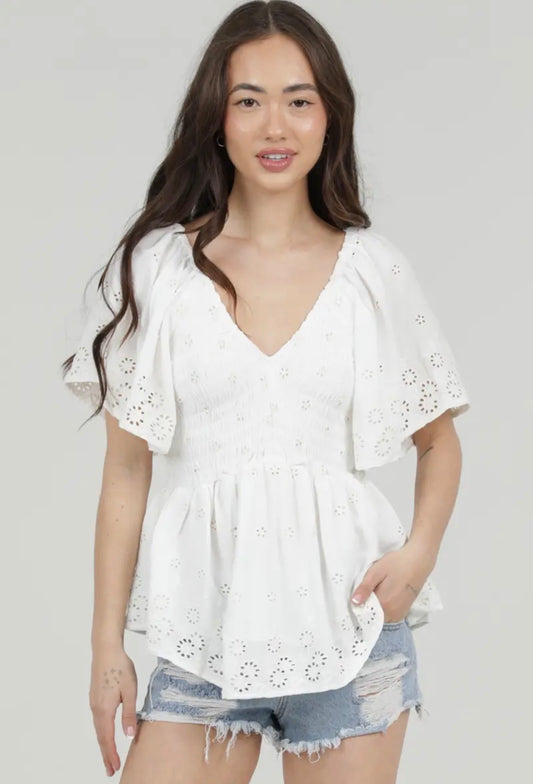 Smocked Eyelet V Neck Top
