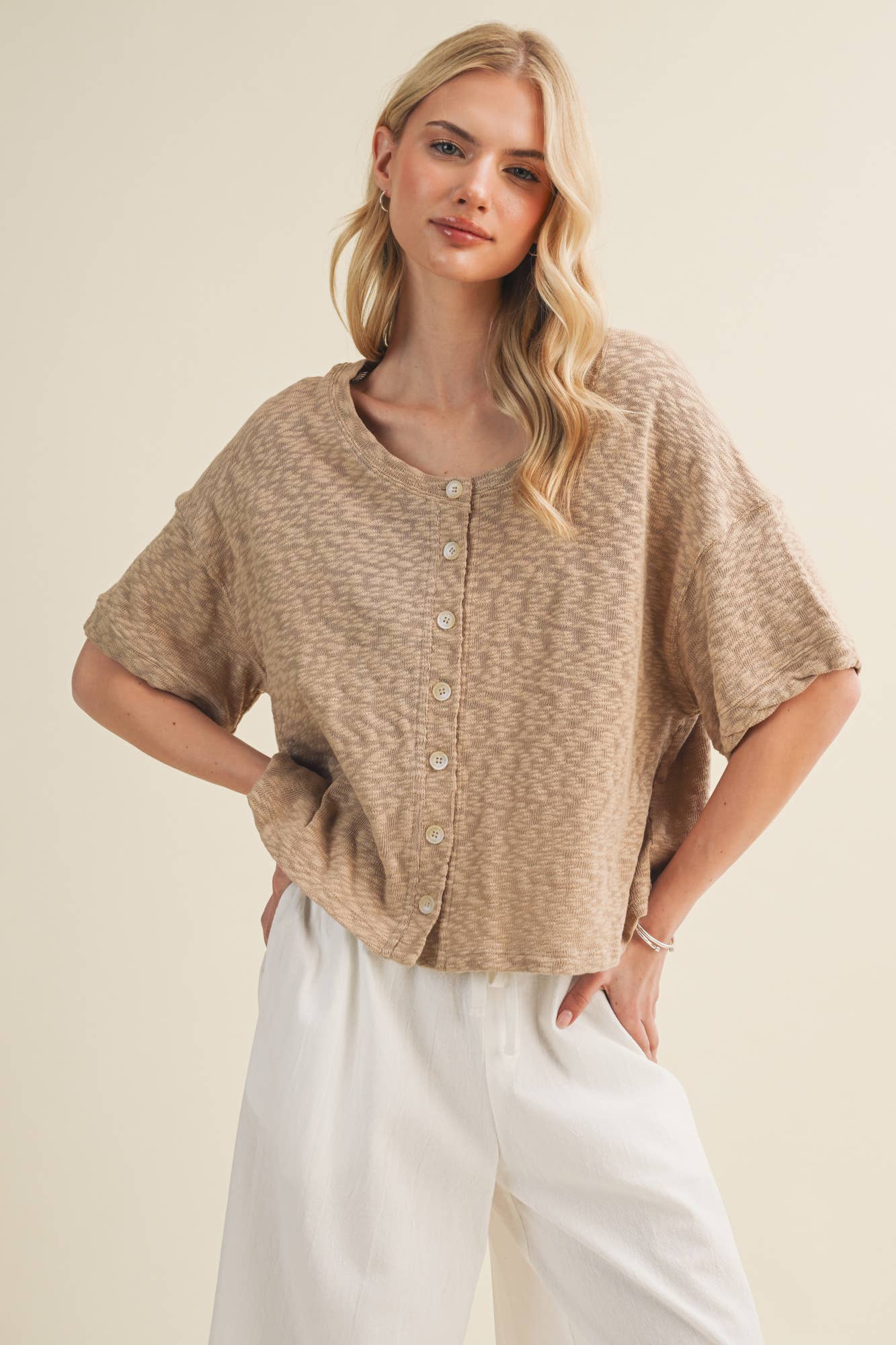 Slub Knit Boxy Button-Front Blouse