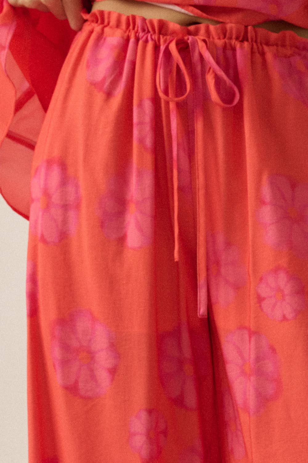 Floral-Print Wide-Leg Drawstring Pocket Pants