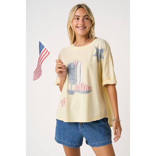 COWBOY BOOT PATCHWORK SHORT SLEEVE TOP