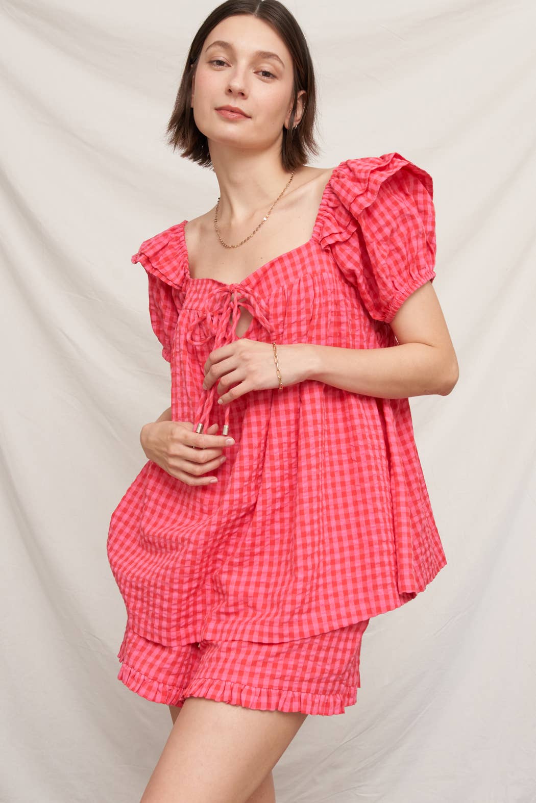 Ruffle Sleeve Square Neck Plaid Top