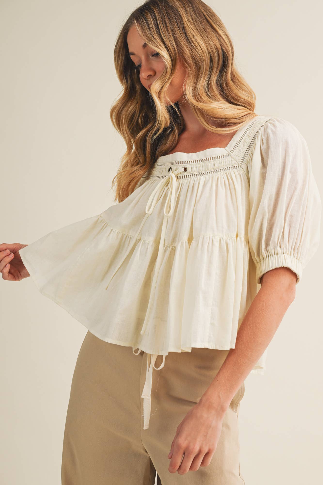 Lace Inset Square Neck Tiered Blouse