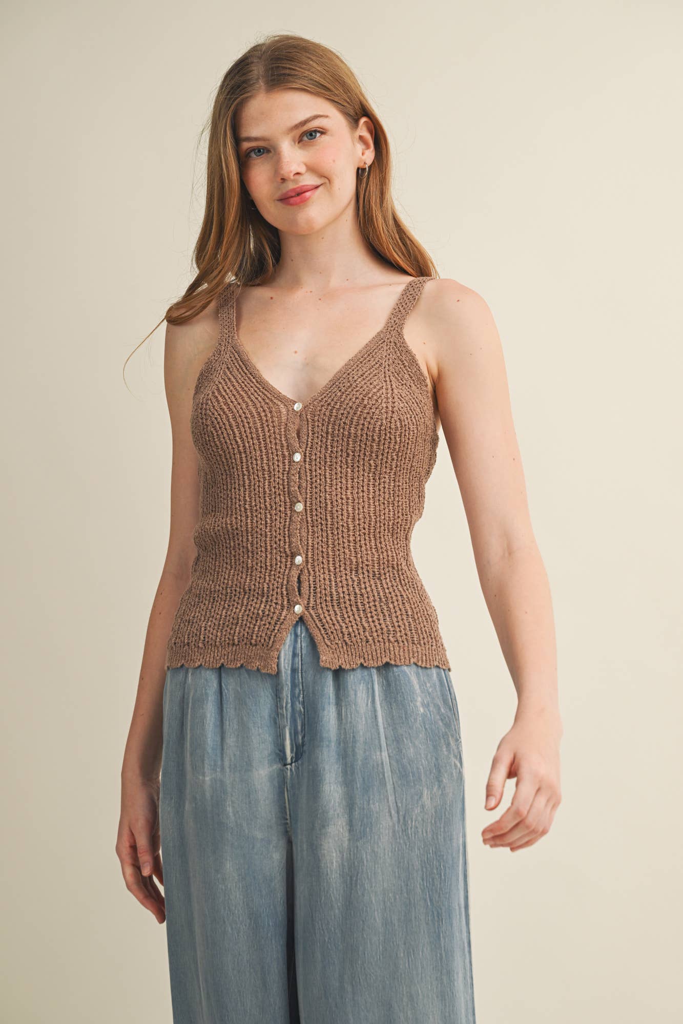 Pointelle Knit Scalloped Button Vest