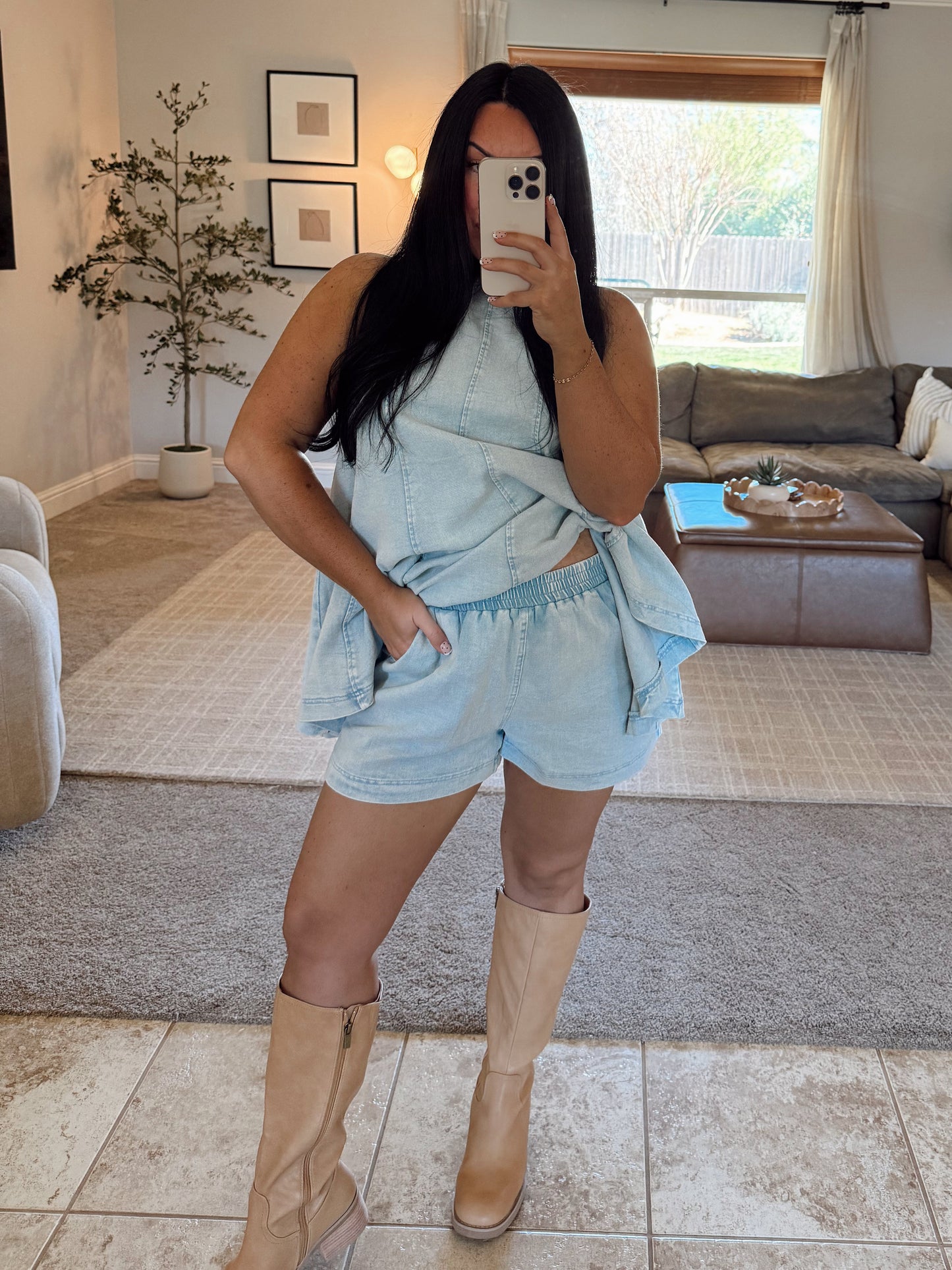 Denim Top & Shorts Set