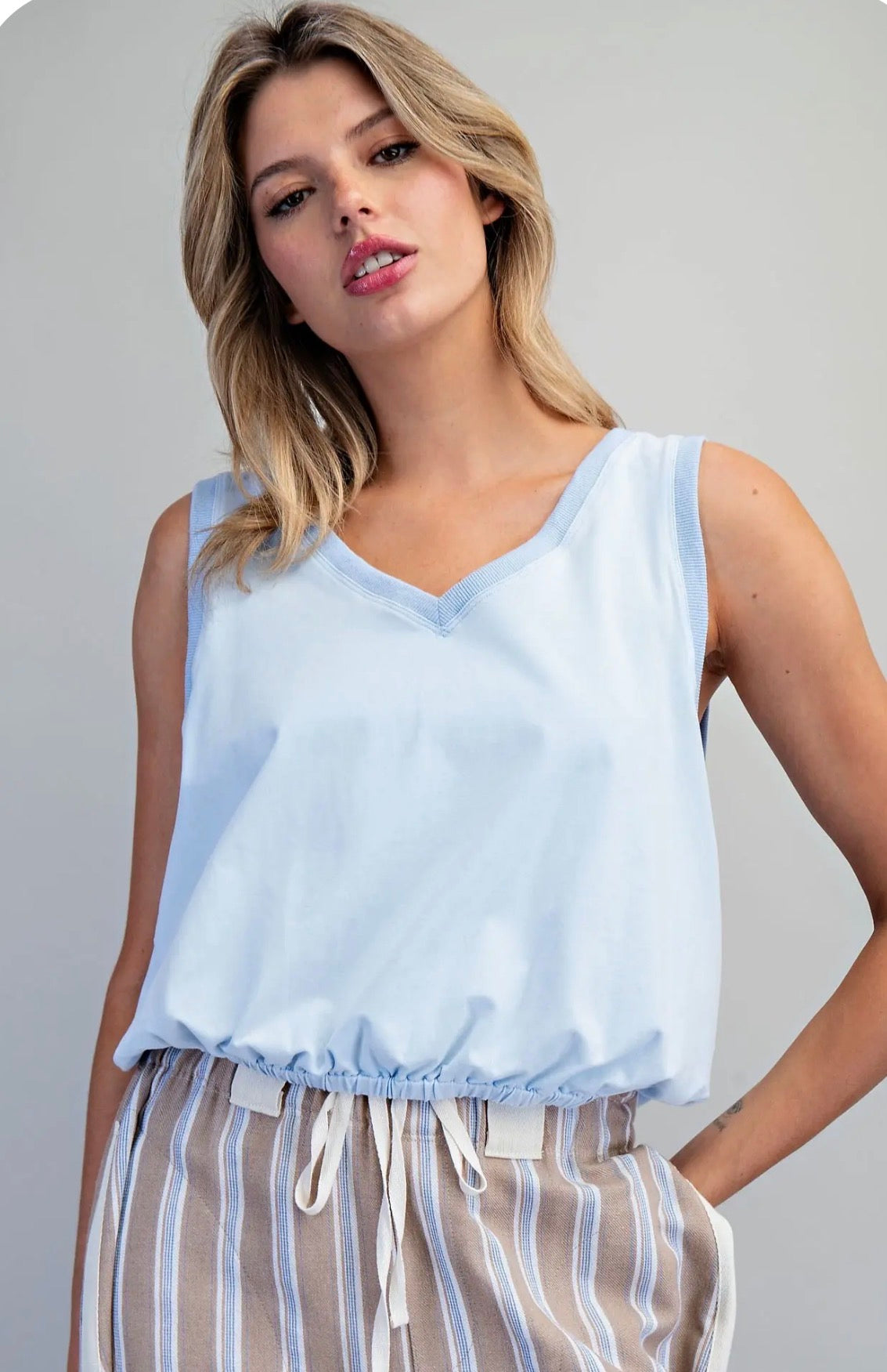 Mineral Washed V-Neck Elastic Hem Top
