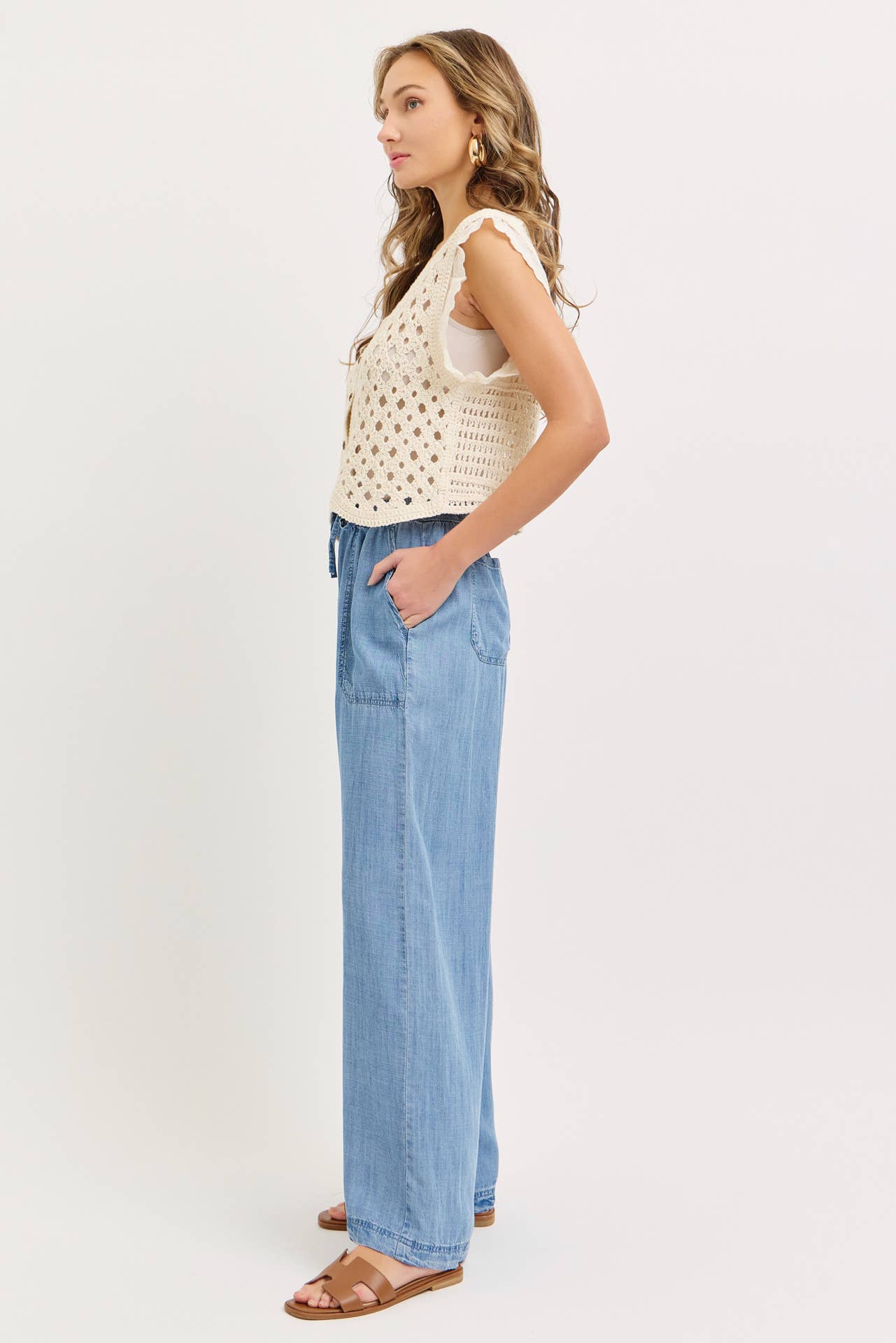 ELASTIC WAIST PULL ON WIDE-LEG  PALAZZO TENCEL CASUAL PANTS