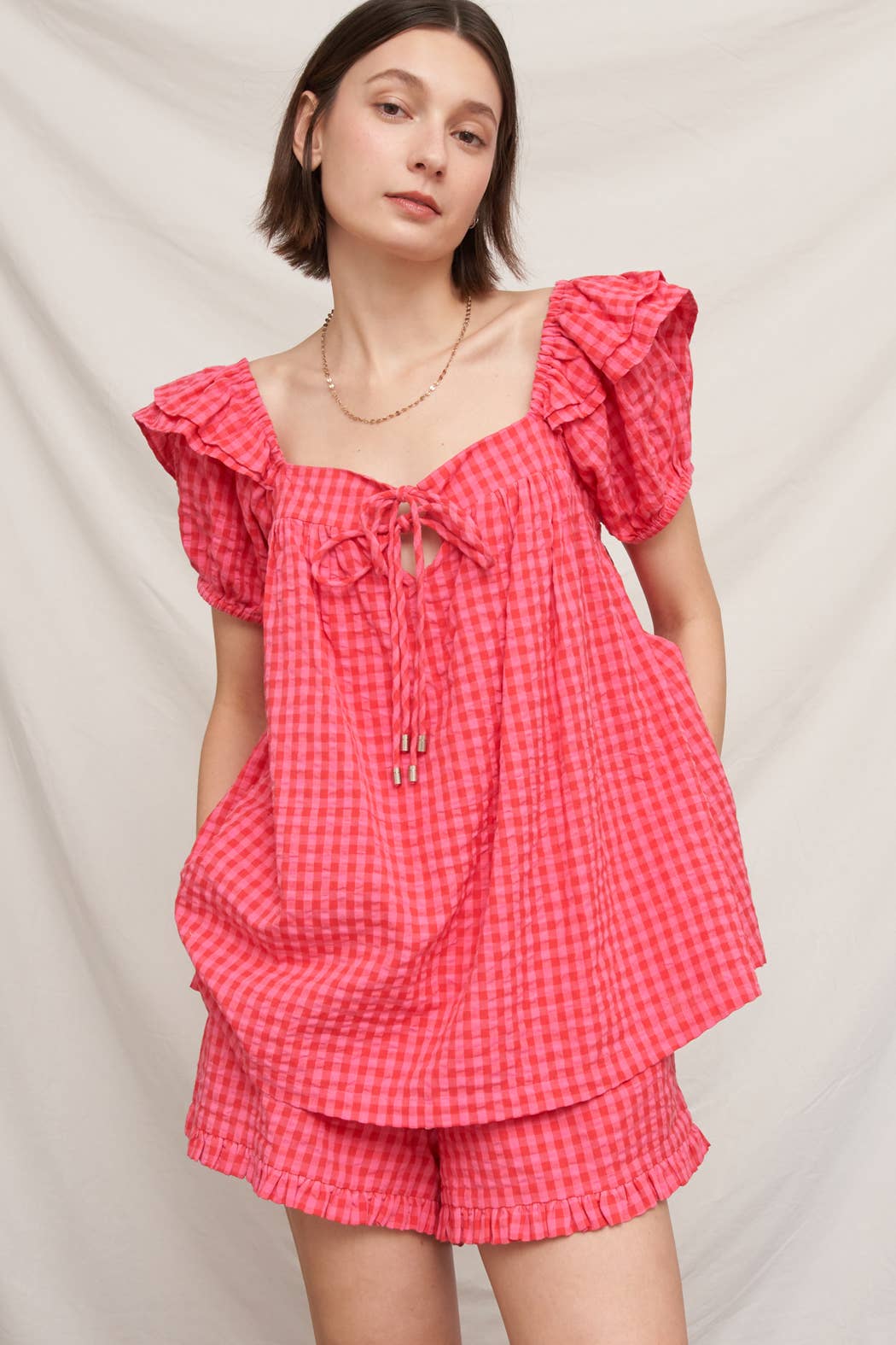 Ruffle Sleeve Square Neck Plaid Top