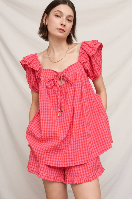 Ruffle Sleeve Square Neck Plaid Top
