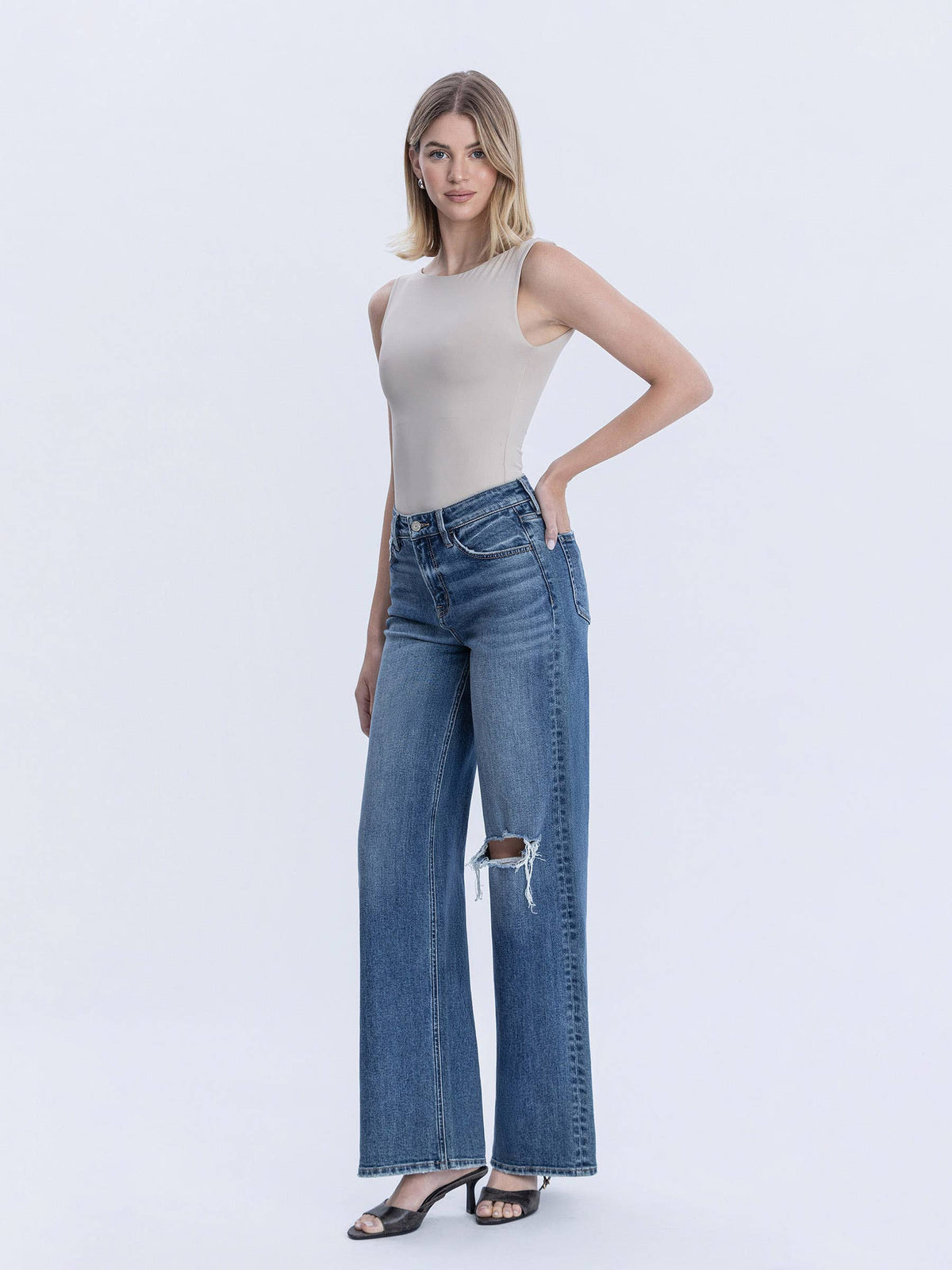 BROOKS HIGH RISE DISTRESSED KNEE WIDE LEG JEAN