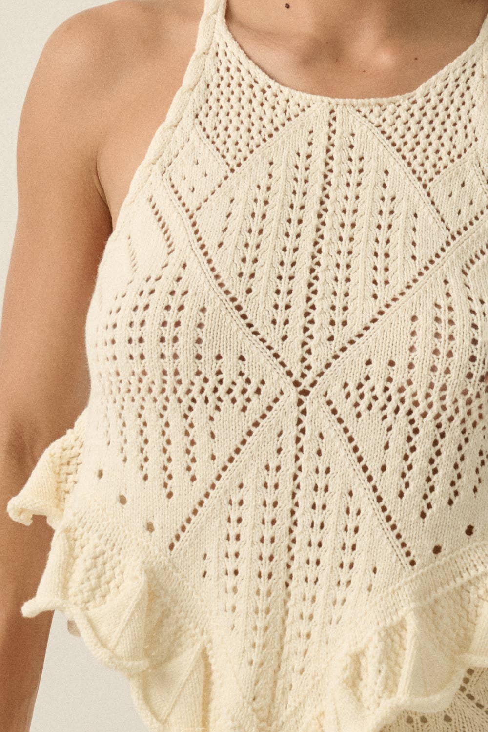 Pointelle Crochet-Knit Ruffled Handkerchief Tank Top