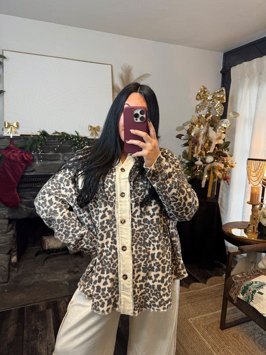 Leopard Print Waffle Thermal Button Up
