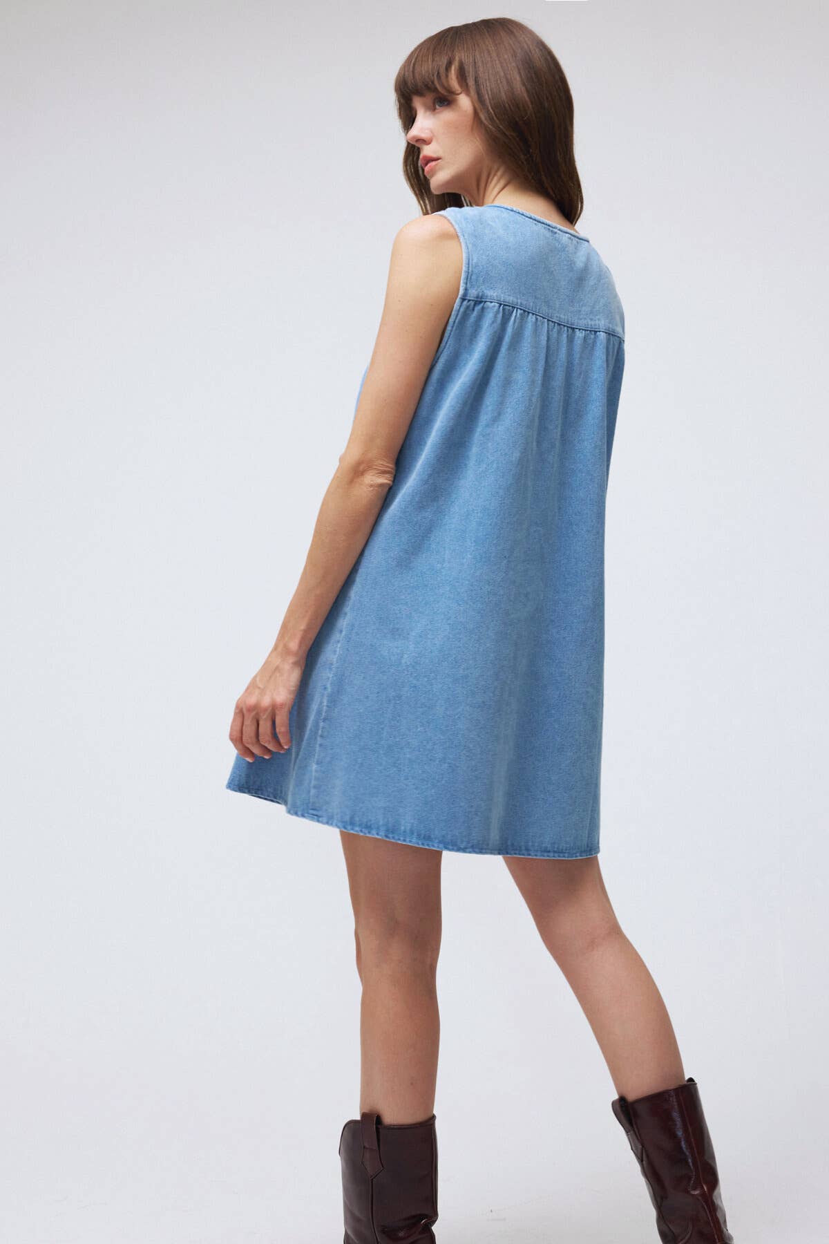 Sleeveless Shirring Denim Mini Tunic Dress