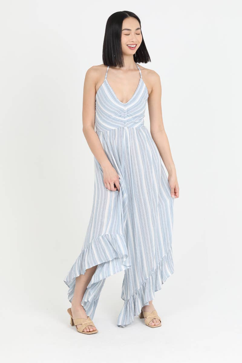V NECK HALTER ANGLED HEM WIDE LEG JUMPSUIT