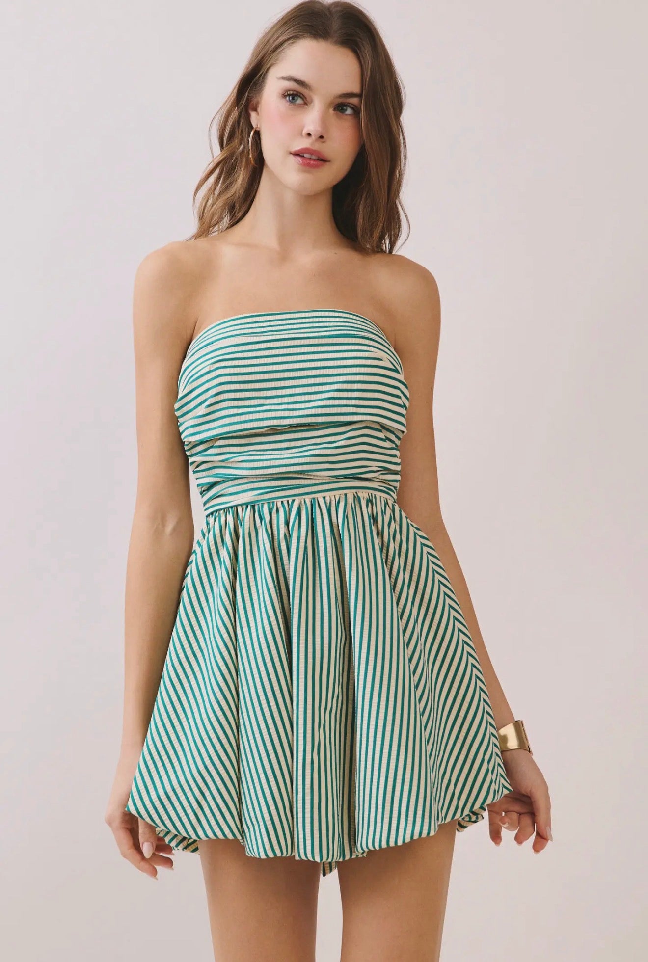 Green Striped Strapless Mini Dress