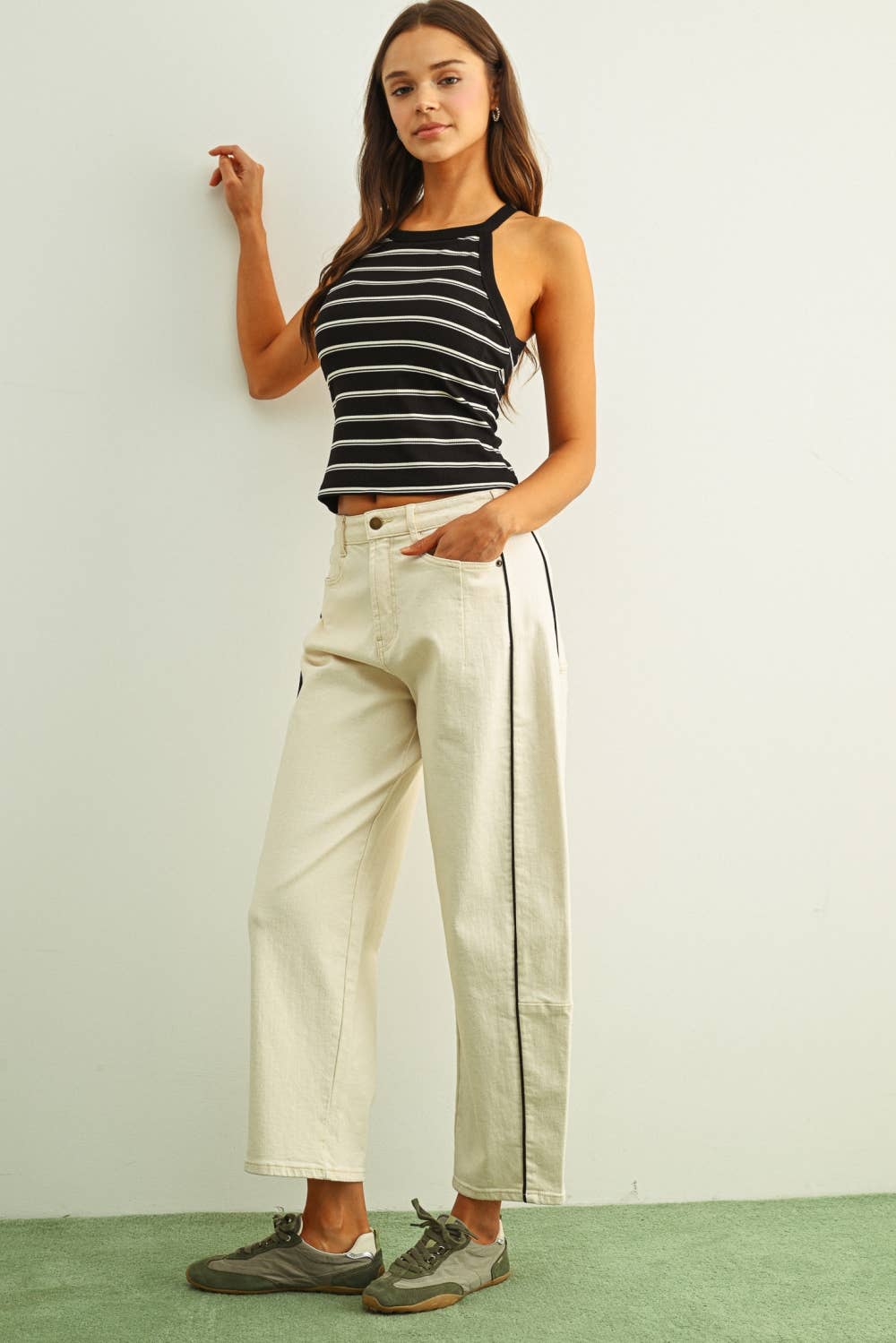 HIGH NECK STRIPE BRA PADDED TANK TOP