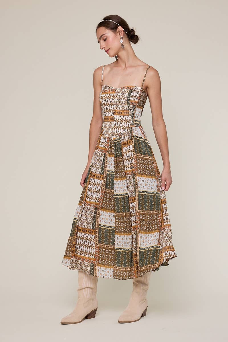 BROWN PATCHED SLEEVELESS SMOCKED MIDI DRESS