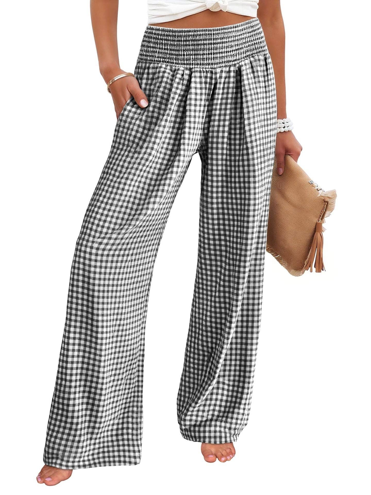 Gingham High Waist Wide Leg Pants with Pockets
