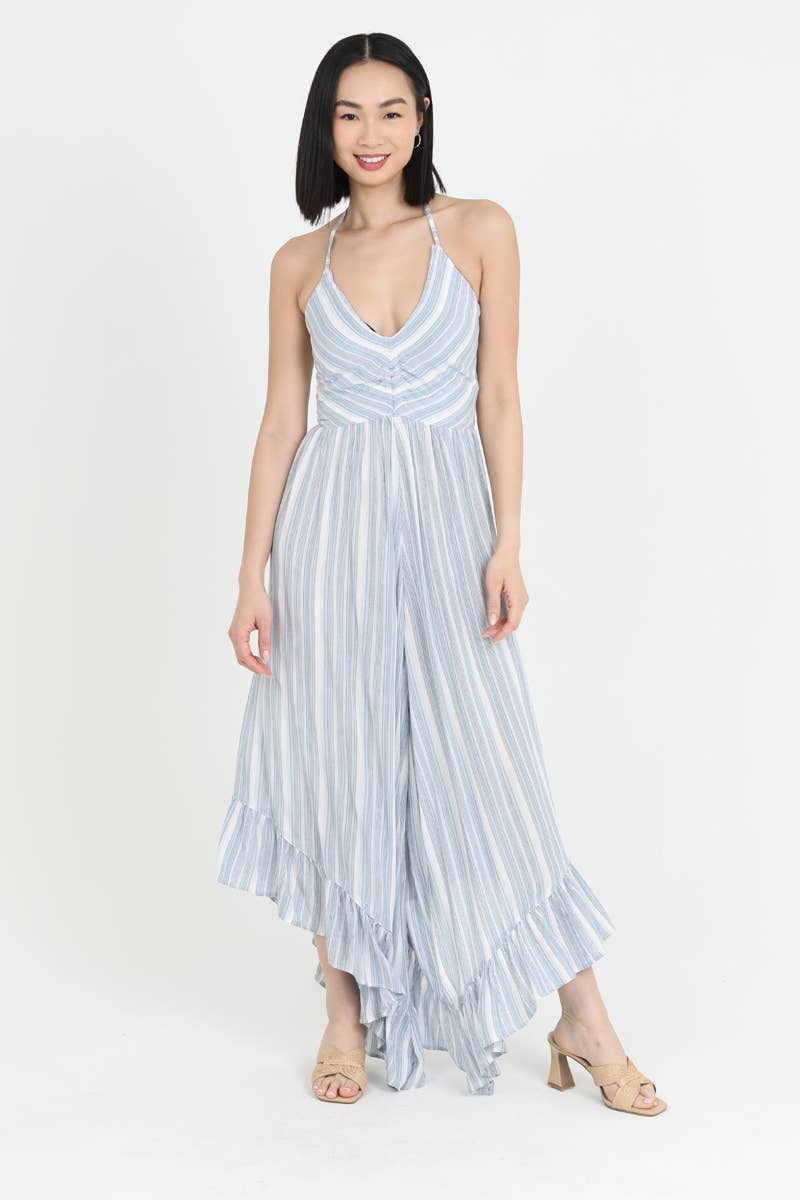 V NECK HALTER ANGLED HEM WIDE LEG JUMPSUIT