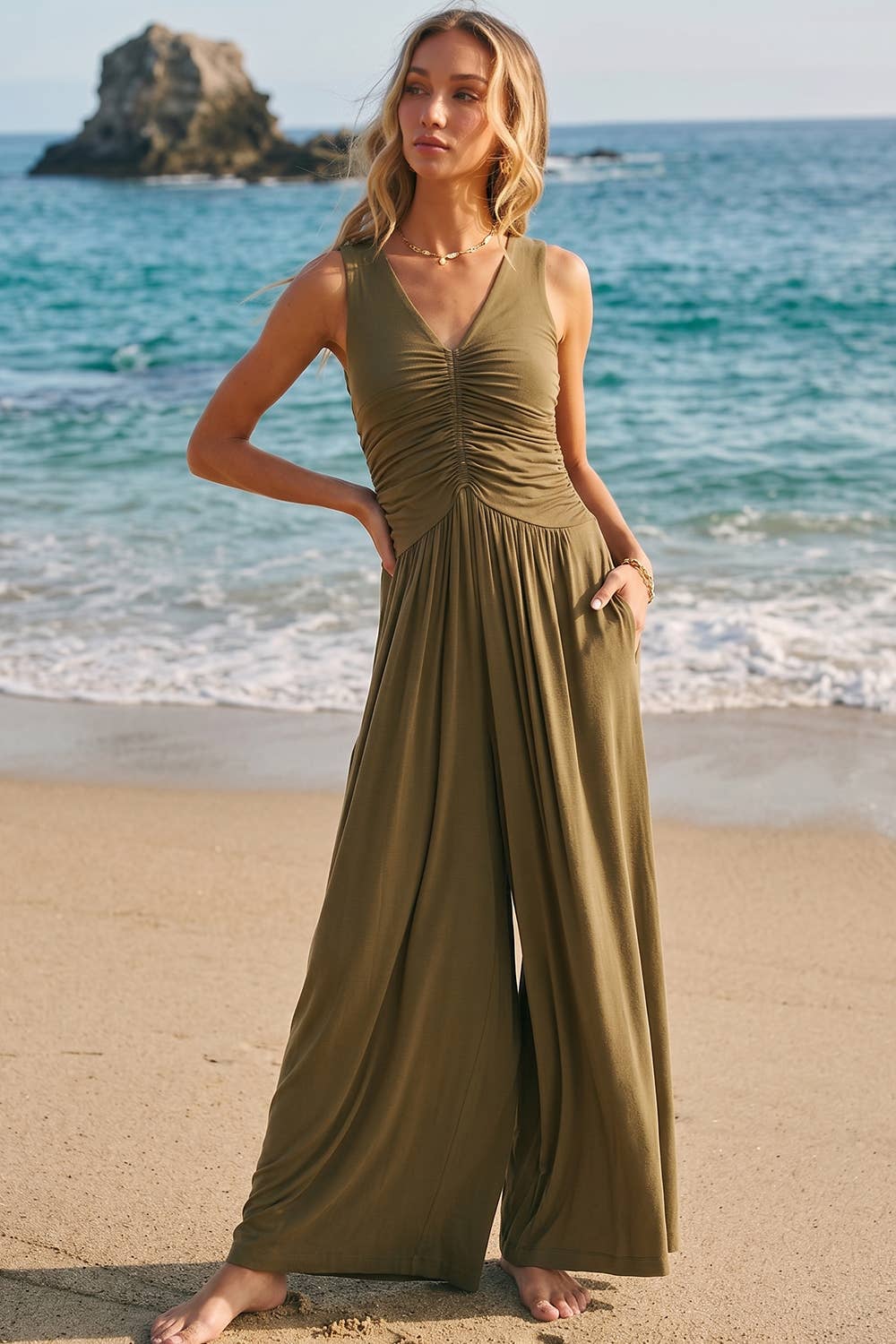 JERSEY KNIT SLEEVELESS WIDE LEG ONE-PIECE  JUMPSUIT